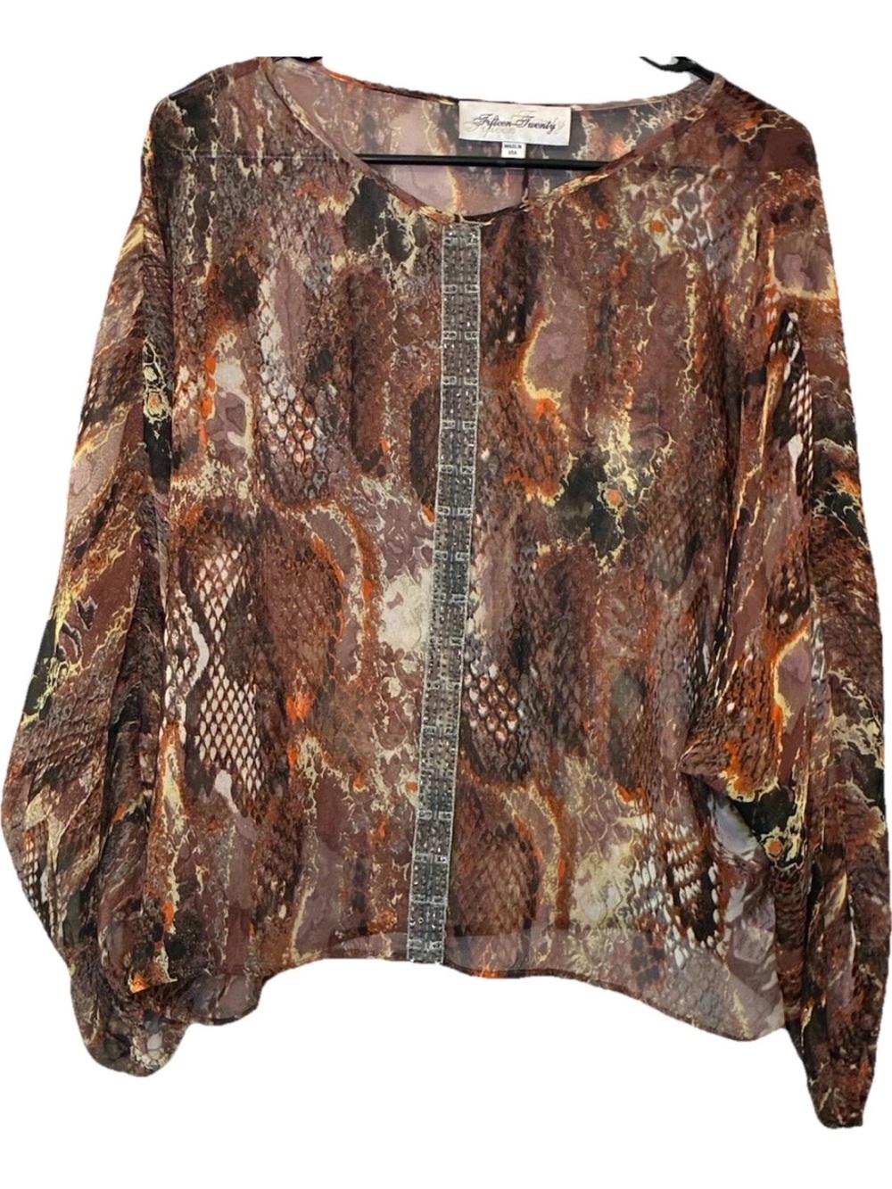Fifteen Twenty Silk Snake Print Blouse Small Made in USA Sheer Top